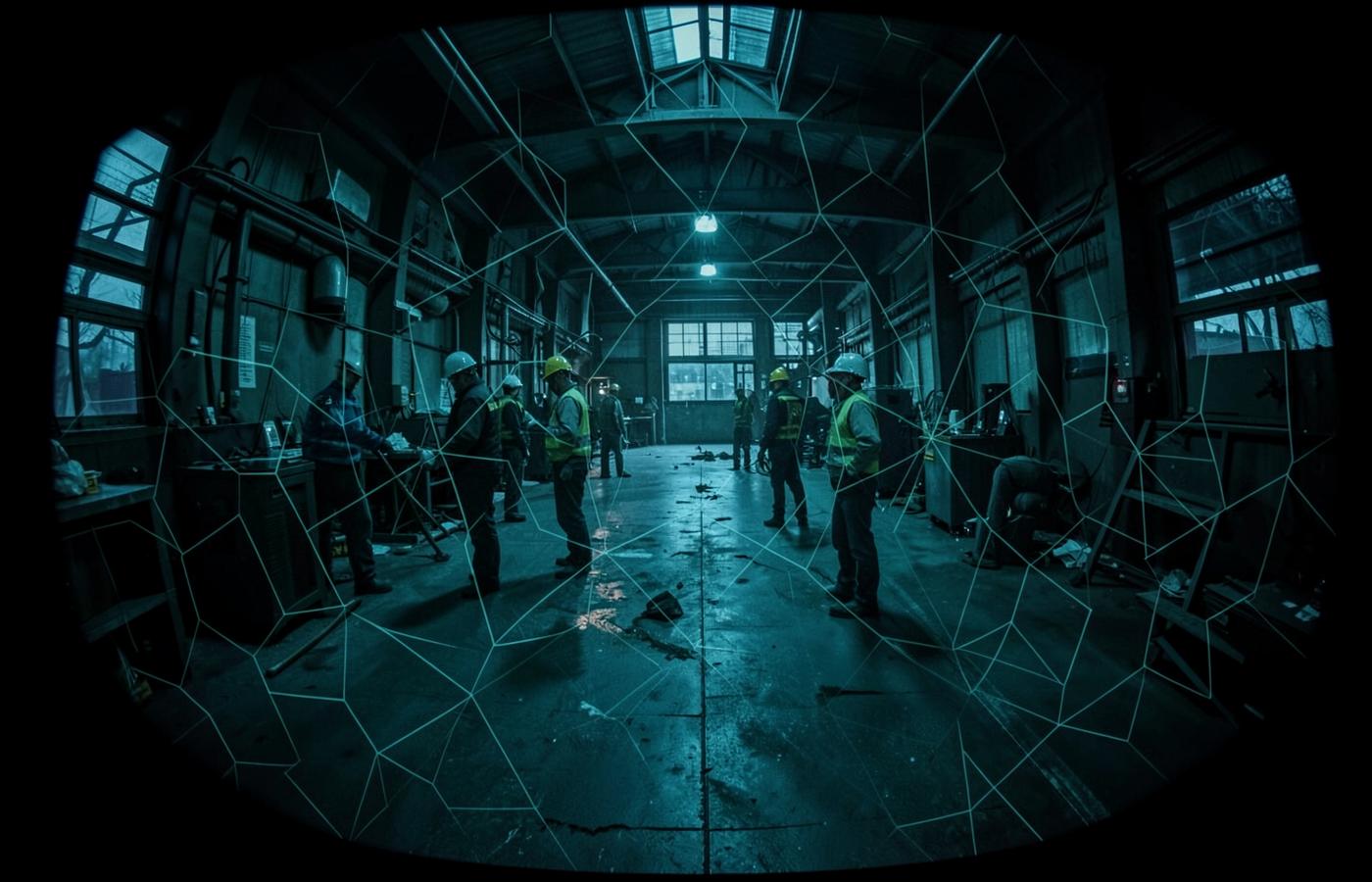 Factory floor monitored by VisionX with helmet compliance and restricted-zone overlays